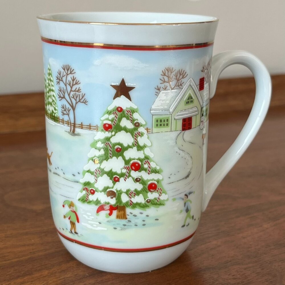 Otagiri Snowy Christmas Scene Porcelain Mug | Tree Horse-Drawn Buggy Dogs Japan